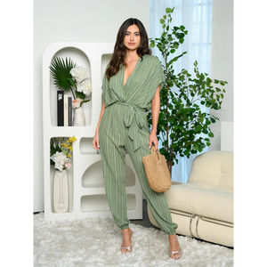 Sage Striped V-Neck Short Sleeve Jumpsuit